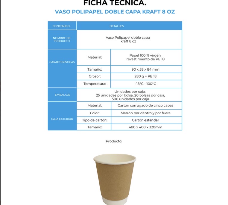 VASO POLIPAPEL DOBLE CAPA KRAFT 8 OZ (20X25)