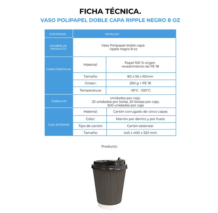 VASO POLIPAPEL DOBLE CAPA RIPPLE NEGRO 8 OZ (20X25)