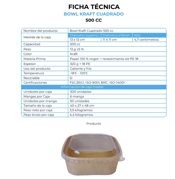 BOWL KRAFT CUADRADO 500CC (6X50)