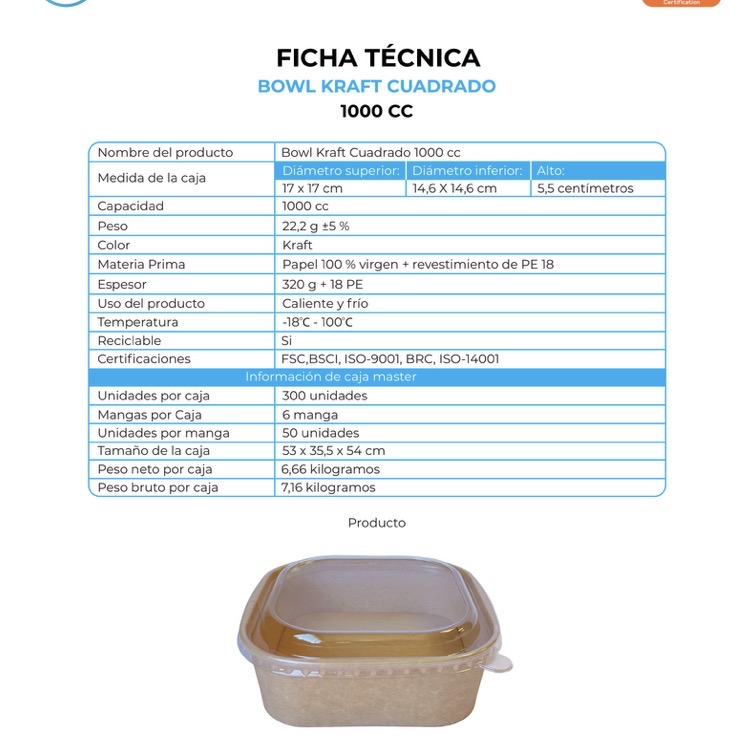 BOWL KRAFT CUADRADO 1000CC (6X50)