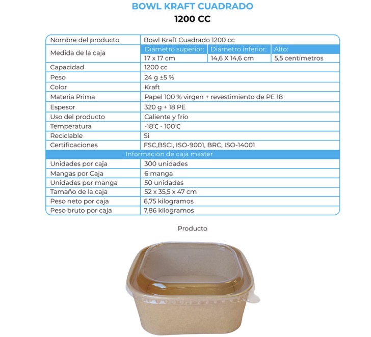 BOWL KRAFT CUADRADO 1200CC (6X50)
